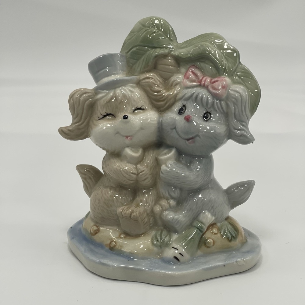 Vintage Porcelain Dogs Puppy Love Figurines Islandโ Tropical Palm Tree Bow Hat